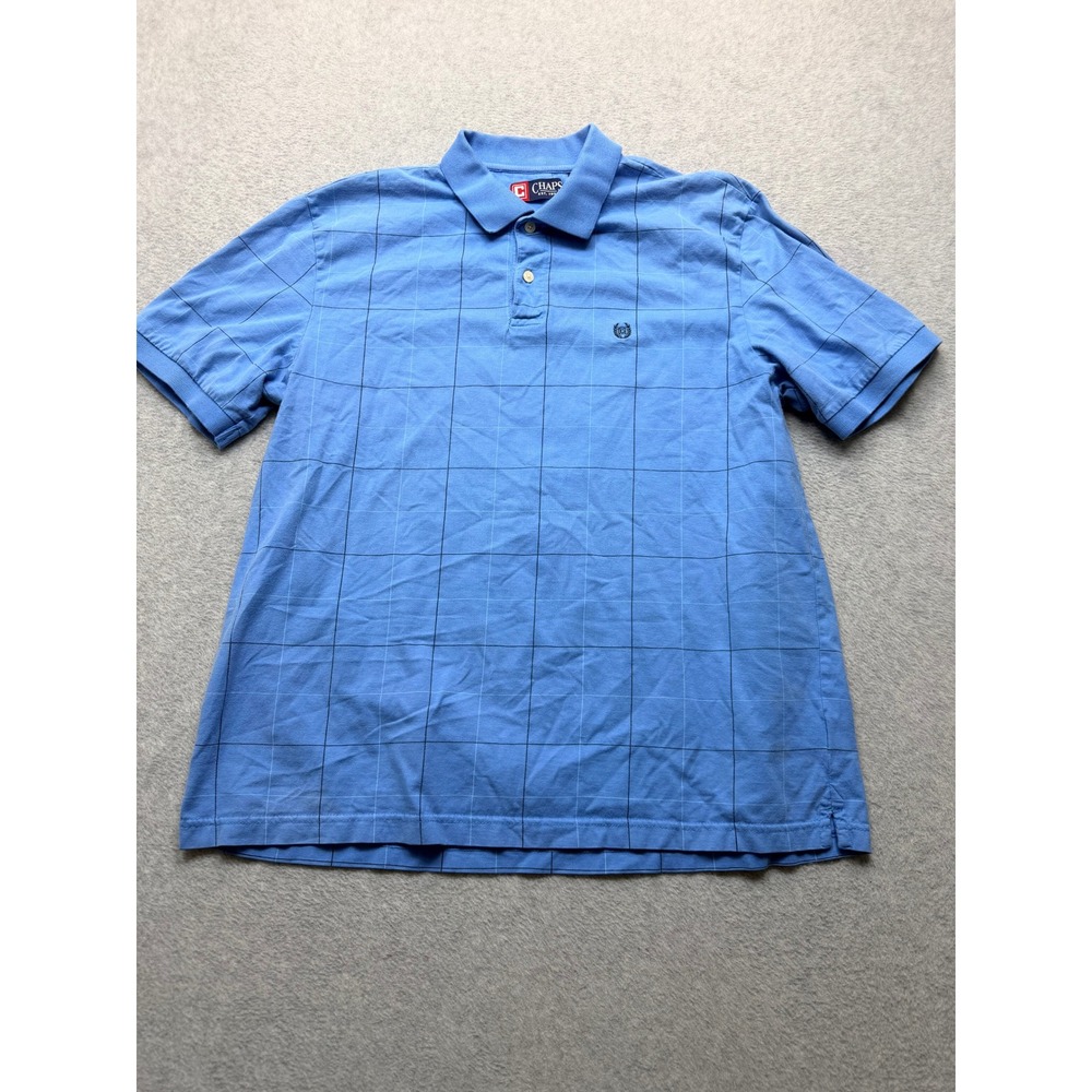 Chaps Mens Blue Grid Windowpane Cotton Short Sleeve Polo Shirt Large
